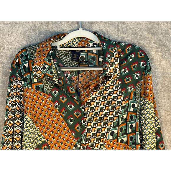 Rachel Roy Blouse XL Green Patchwork Satin Retro Preppy Office NWT - Picture 2 of 6